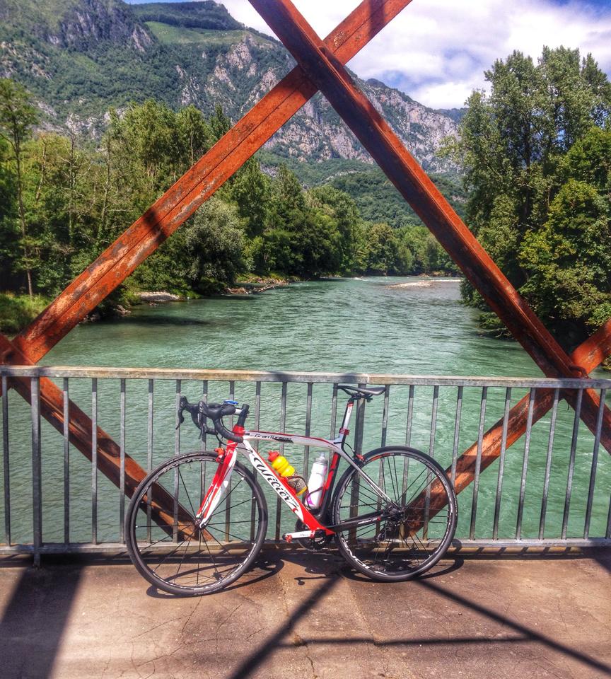 A road bike on the cycling bridge across the Gave de Pau on the cycling greenway near Lourdes
