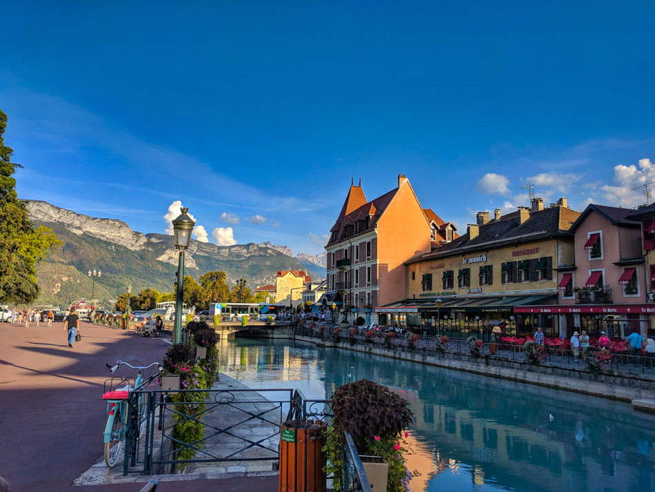 Restaurants and cafes line the canals in Annecy