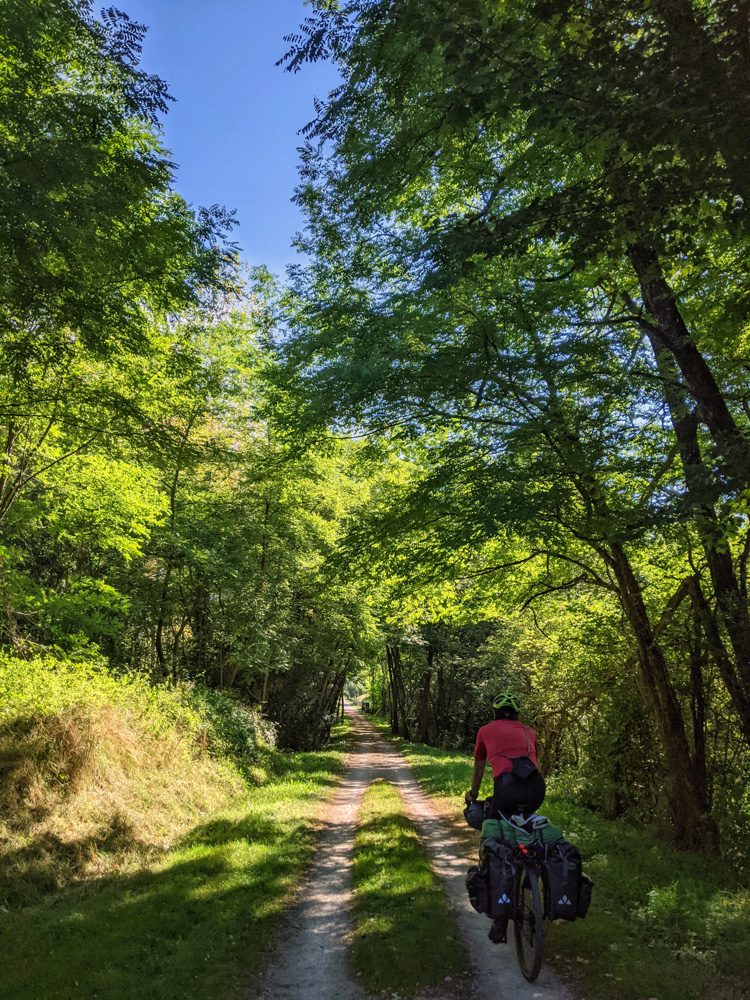 A cycle tourist on the Saint-Girons to Foix VOie Verte in the Ariege Pyrenees. The dirt trail is surrounded by forest.