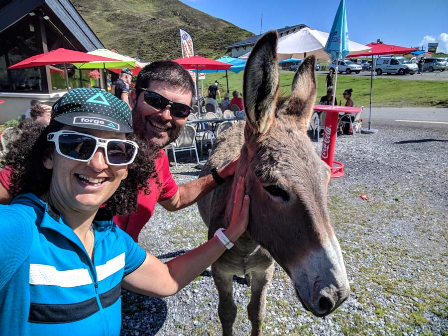 Two cyclists patting a donkey at the tof of Col du Soulor