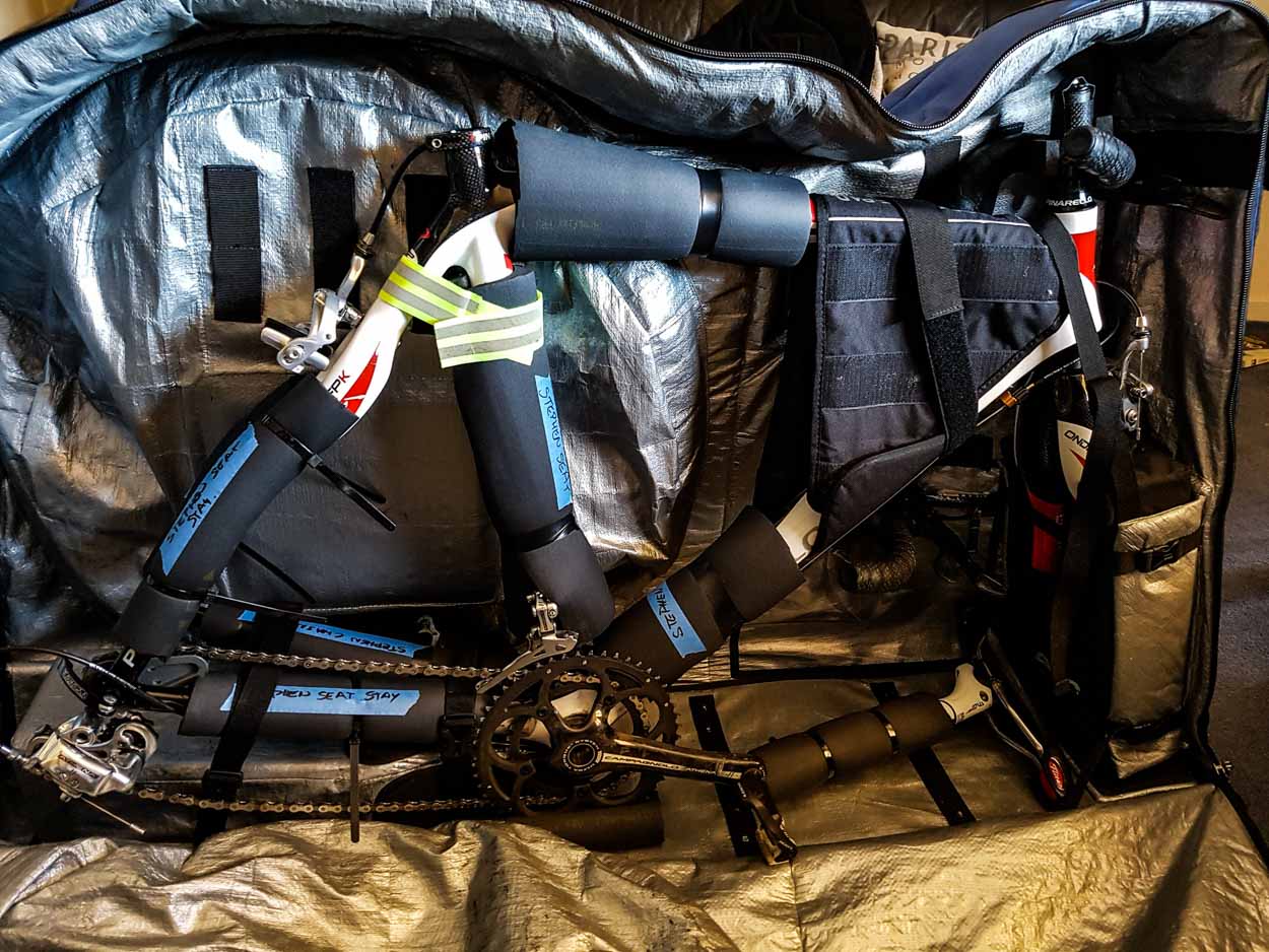 Bike travel bag with bike packed inside