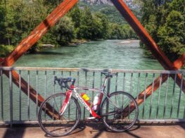 A road bike on the cycling bridge across the Gave de Pau on the cycling greenway near Lourdes