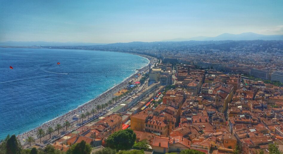 Views across the sea, beachfront and city of Nice, France