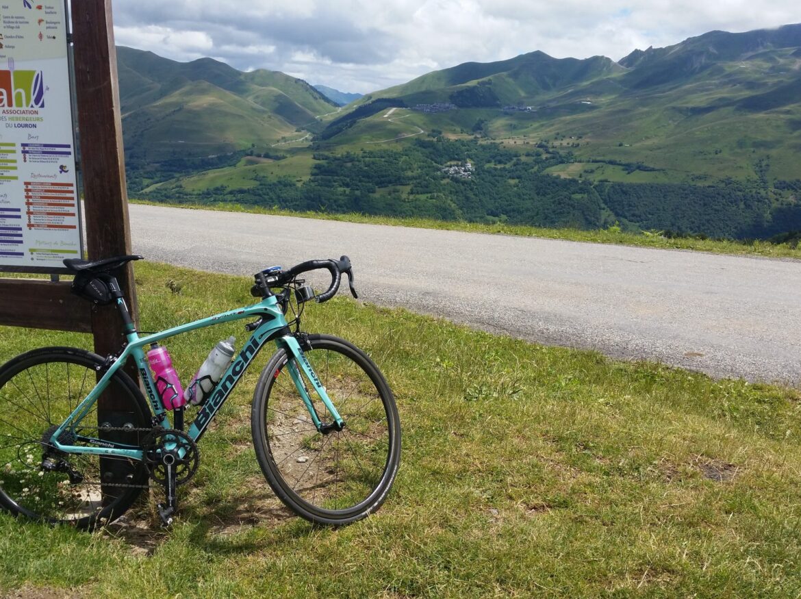 Bianchi bike at the Col d'Azet summit view to Peyresourde in the French Pyrenees