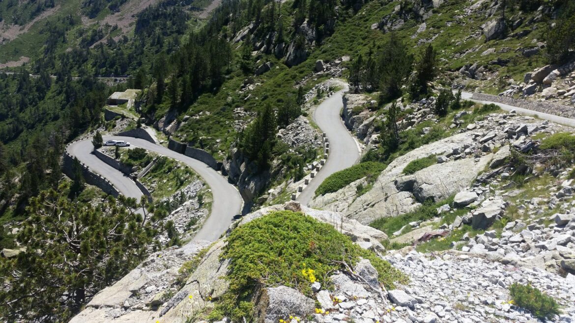 Views of the hairpin bends on the road to Lac de Cap de Long in the French Pyrenees