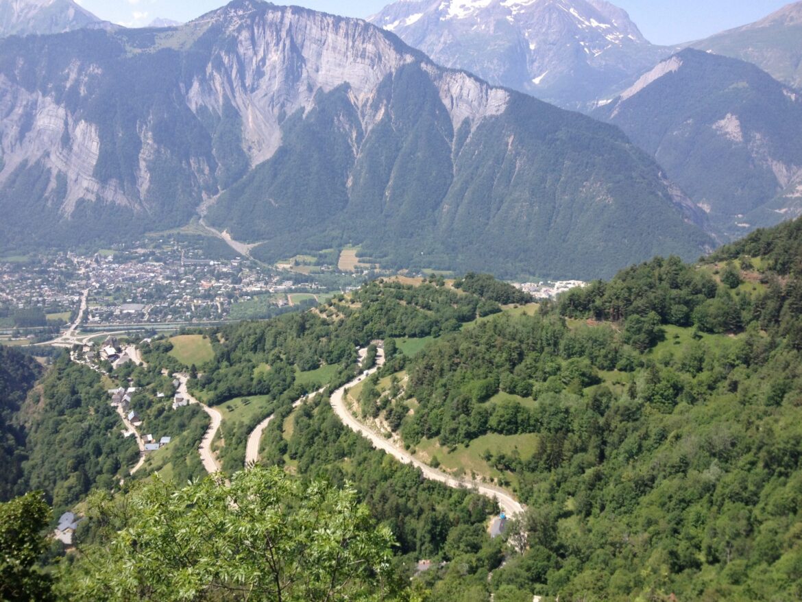 Views of the hairpins on the Alpe d'Huez cycling climb in French Alps