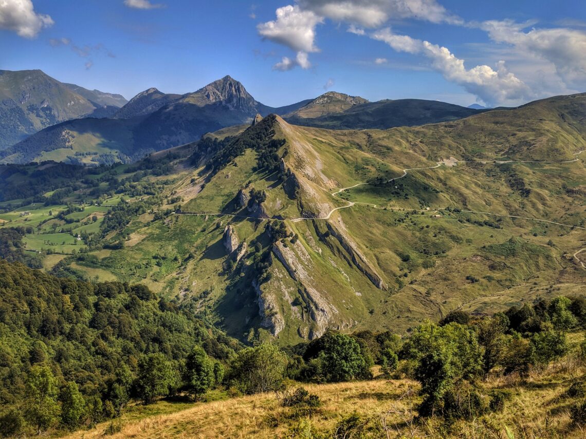The road of the Col du Soulor, snaking around the edge of the Pyrenees mountains